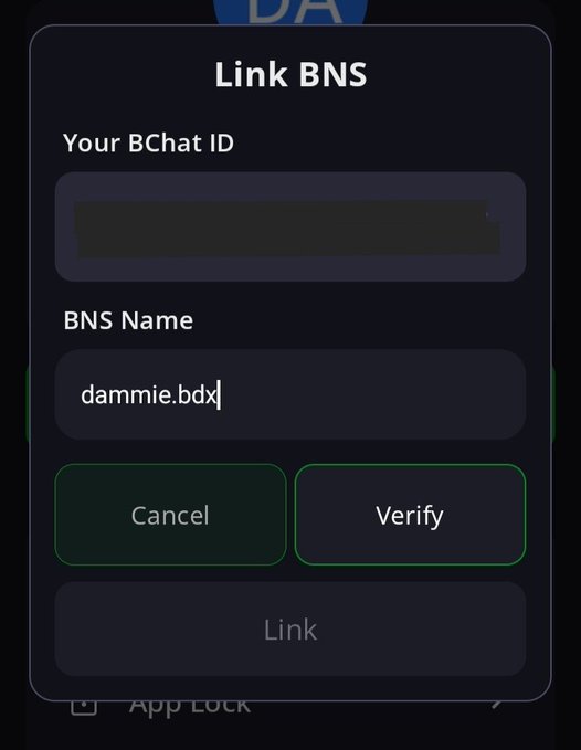 A 'Link BNS' dialog box in an app prompting for a BChat ID with the BNS name 'dammie.bdx' entered and Cancel/Verify buttons available.