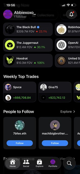 A screenshot of the Fidelity Crypto app showing a profile for 'Abbiexoxo' with collections including The Black Bull, The Juggernaut, and Hoodrat, along with Weekly Top Trades and a People to Follow section.