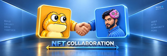 A digital graphic displays 'NFT COLLABORATION' with two 3D avatars shaking hands, set against a bright blue background with text 'BUILD COLLECT GROW TOGETHER' and 'WEB3 NFTS COMMUNITY MORE'.