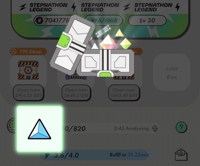 A stylized "STEPN" sneaker logo floats above an app interface showing a "STEPNATHON LEGEND" progress screen with player stats like "Lv 30" and "7041776," alongside in-game loot boxes priced in GST and a glowing GST token icon, illustrating the gamified fitness-crypto experience the post references.