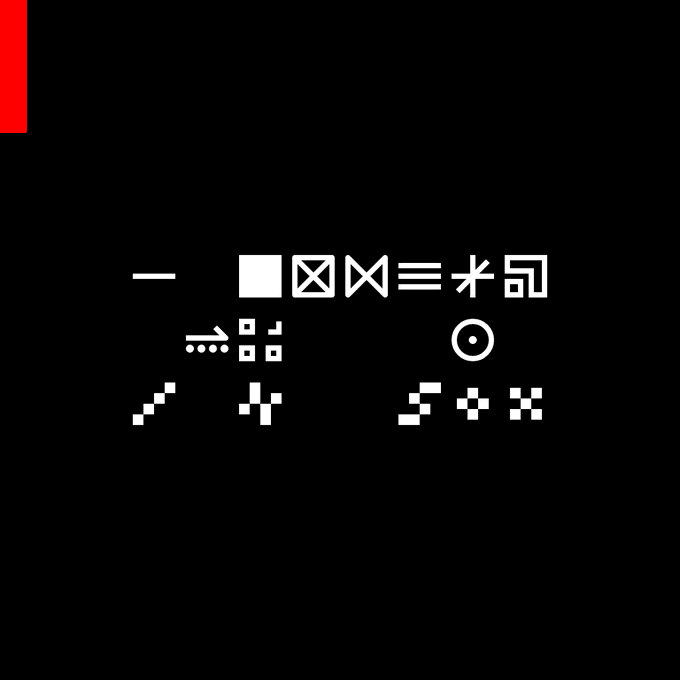 A dark graphic displaying a collection of small white pixel-art icons and symbols arranged in rows on a black background.