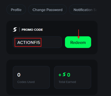 The image shows a promo code redemption interface displaying "ACTIONFIF" entered in the input field with a green "Redeem" button, alongside stats showing "0 Codes Used" and "+$0 Total Earned." This screenshot illustrates step 3 of the SweepGlobal claim process, where users enter the promo code to redeem the $5 FCFS bonus.
