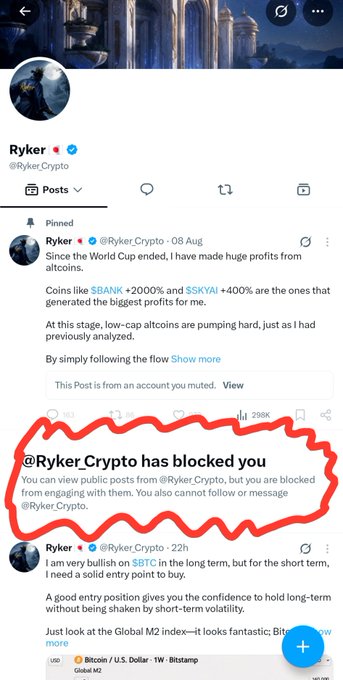 A screenshot of Ryker Crypto's Twitter/X profile shows a notification indicating he has blocked the viewer, despite visible pinned tweets promoting $BANK (+2000%) and $SKYAI (+400%) profits, suggesting the block was used to silence criticism rather than respond to technical analysis critiques.