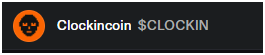 A small black banner displaying an orange circular logo with a monkey face alongside the text 'Clockincoin $CLOCKIN'.
