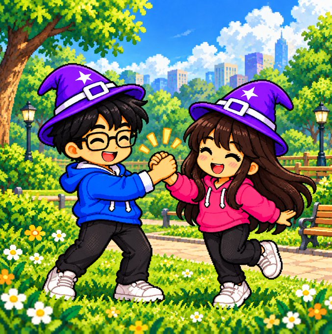 A pixel art illustration showing two anime-style children wearing purple wizard hats with stars, giving each other a high-five in a sunny park with flowers and a city skyline in the background.