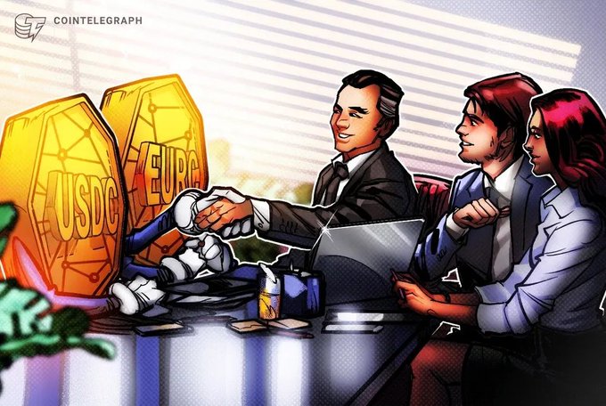A Cointelegraph cartoon illustration shows three businesspeople shaking hands with a robotic arm, standing in front of golden 'USDC' and 'EURO' cryptocurrency tokens.