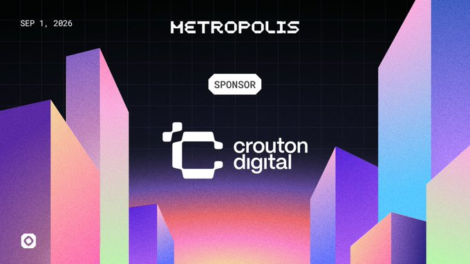 A digital event graphic dated 'SEP 1, 2026' for 'METROPOLIS' sponsored by 'crouton digital', featuring stylized purple, pink, and orange geometric building shapes against a dark grid background.