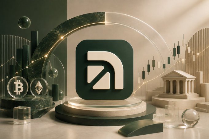 A 3D rendered scene featuring a green app icon, Bitcoin and Ethereum coins, candlestick charts, and classical architectural elements.