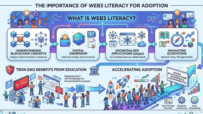The image shows a graphic representation of the process involved in obtaining web3 literacy for adoption. It illustrates various stages such as understanding blockchain concepts, exploring digital ownership, learning about decentralized applications, and engaging with related technologies like TRON DAO benefits from educational initiatives. The image is colorfully illustrated to convey information effectively, making it easier for viewers to grasp complex ideas at a glance.