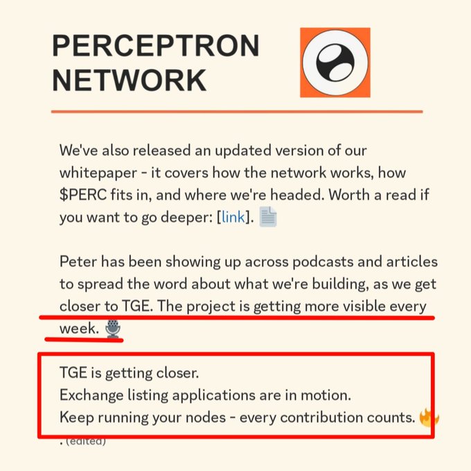 This image highlights key updates from Perceptron Network, including a new whitepaper, preparations for TGE, and exchange listing applications for $PERC. The enclosed text emphasizes that TGE is drawing nearer and encourages node operators to continue their contributions.