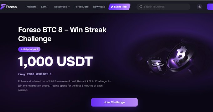 A Foreso event page advertising the 'BTC 8 – Win Streak Challenge' with a 1,000 USDT initial prize pool on August 7.