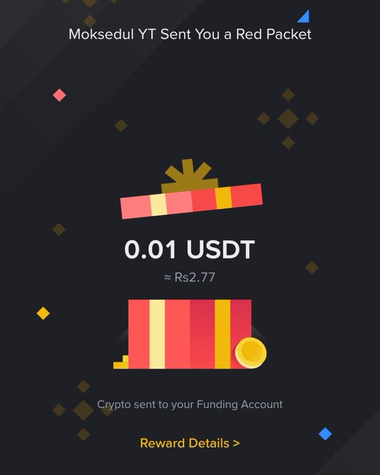 A digital red packet notification showing 'Moksedul YT Sent You a Red Packet' worth 0.01 USDT (approximately Rs2.77), described as 'Crypto sent to your Funding Account'.