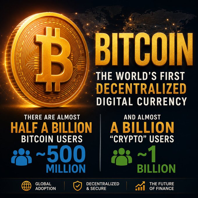 A Bitcoin promotional infographic stating "BITCOIN: THE WORLD'S FIRST DECENTRALIZED DIGITAL CURRENCY" with statistics showing approximately 500 million Bitcoin users and almost 1 billion crypto users worldwide.