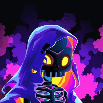 A neon-style digital illustration depicts a skeletal figure in a purple hooded cloak with glowing yellow eyes, holding a Bitcoin against a smoky purple and pink background.