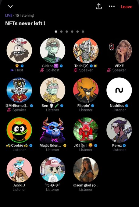 A screenshot of a Twitter Spaces audio chat titled 'NFTs never left!' with 15 listeners, showing various participants including Host Gideon, and speakers like Toshi, VEXE, MrEterno, and Ben.