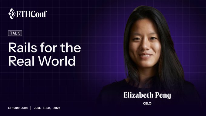 The image features a woman with long black hair wearing a black top standing against a purple background. The text "ethiccon" is written above her head, and "Rails for the Real World" is written below her. The caption reads "Focus on what is in the image and how it relates to the post".