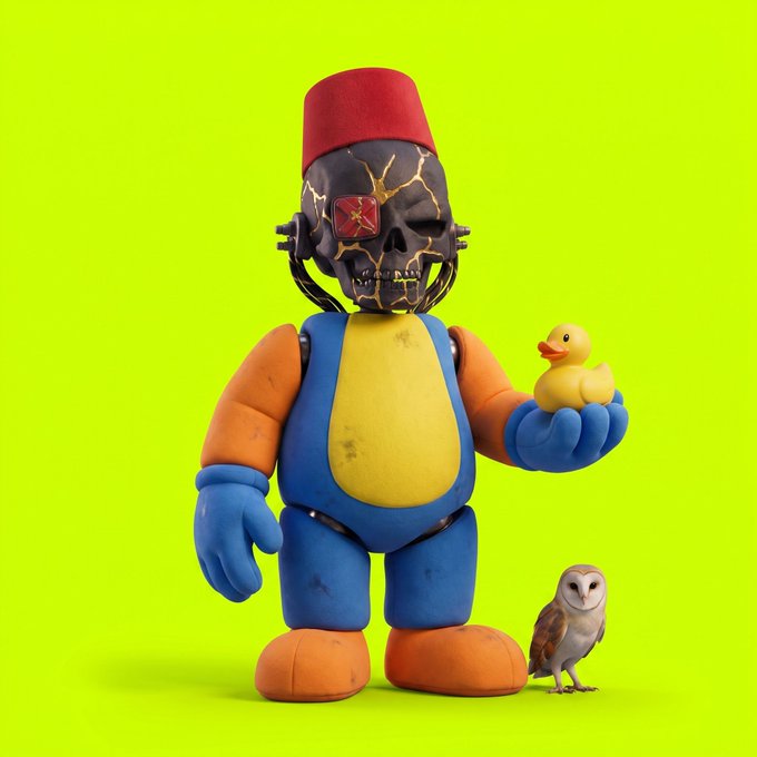 A 3D rendered character with a cracked metallic skull, red fez hat, and colorful blue and yellow clothing holding a yellow rubber duck, with a small barn owl standing beside it against a bright green background.