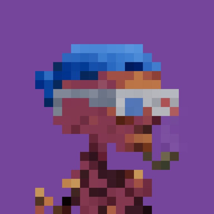 A pixel art illustration depicts a character in a red suit and blue helmet, possibly inspired by a classic video game, holding what appears to be a weapon against a solid purple background.