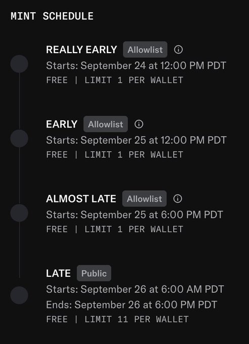 The image displays a "Mint Schedule" outlining four phases: "Really Early" (Allowlist, Sept 24, 12:00 PM PDT, 1 per wallet), "Early" (Allowlist, Sept 25, 12:00 PM PDT, 1 per wallet), "Almost Late" (Allowlist, Sept 25, 6:00 PM PDT, 1 per wallet), and "Late" (Public, Sept 26, 6:00 AM-6:00 PM PDT, 11 per wallet). All mints are free, aligning with the post's call to "DROP WALLET" for the final public minting phase.