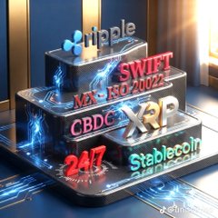 A 3D rendered image showing various financial acronyms and terms stacked on digital pedestals, including Ripple, SWIFT, ISO 20022, MX, CBDC, XRP, 24/7, and Stablecoin.