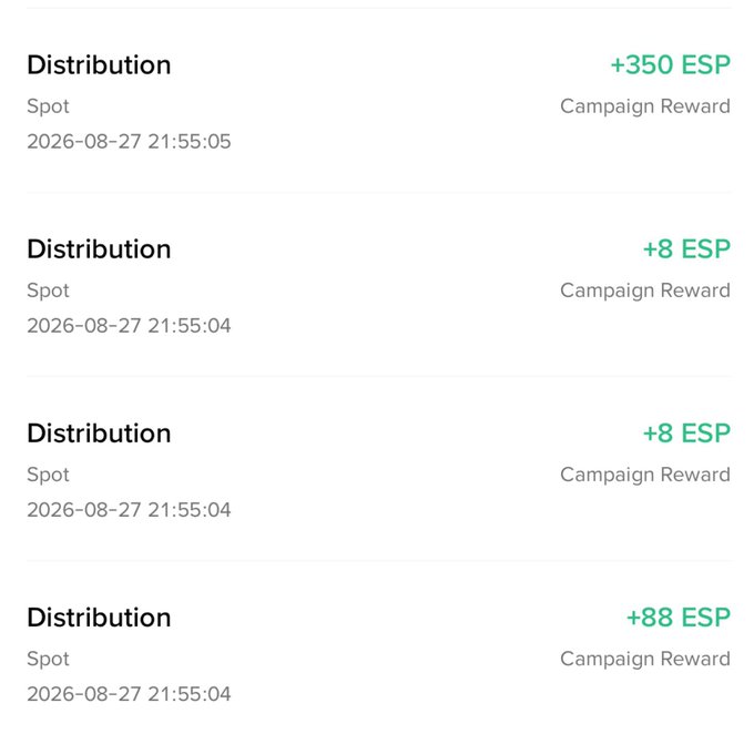 A screenshot showing four Distribution entries with Campaign Reward amounts of +350 ESP, +8 ESP, +8 ESP, and +88 ESP credited to a Spot account, all dated 2026-08-27 around 21:55:04.