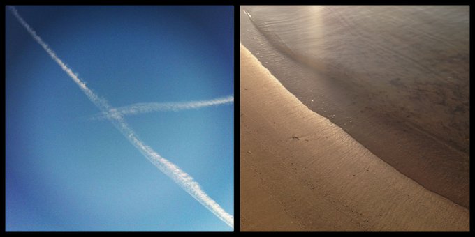 A side-by-side image showing jet contrails crossing in a blue sky on the left and the rippling reflection of light on sandy beach water on the right.