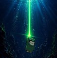 An underwater scene depicts a character being beamed up by a green tractor beam from a ship.
