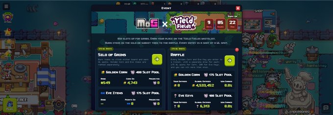A screenshot of a mobile game event interface titled 'MCs X Yield Finals' with a countdown timer showing '9 Days, 05 Hours, 22' and prize pools for 'Isle of Gems' and 'Raffle' featuring GOLDEN COIN, EYE ITEMS, and SLOT POOL.