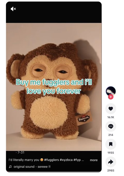 A TikTok video screenshot featuring a plush toy monkey named 'Fuggle FX' with the text 'Buy me fugglers and I'll love you forever' overlaid, showing 16.1K likes and a caption referencing '#fugglers'.