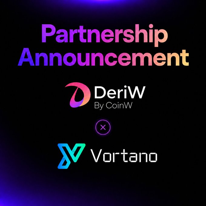 A "Partnership Announcement" graphic on a dark background with neon accents displays the DeriW (By CoinW) logo above an "x" symbol and the Vortano logo, visually representing the new strategic partnership between the two companies as described in the accompanying post.