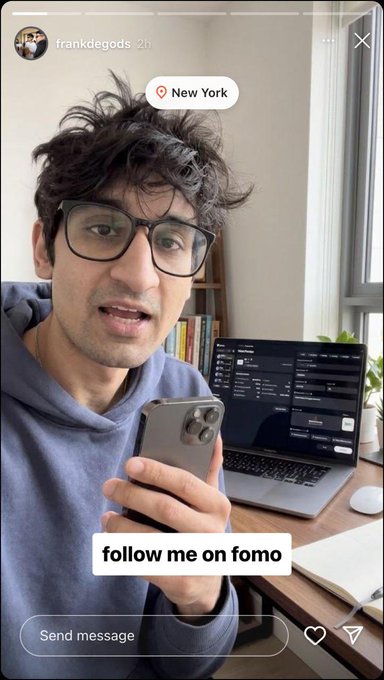 An Instagram story from @frankdegods posted from New York showing a young man with glasses holding a phone, with text overlay reading 'follow me on fomo'.