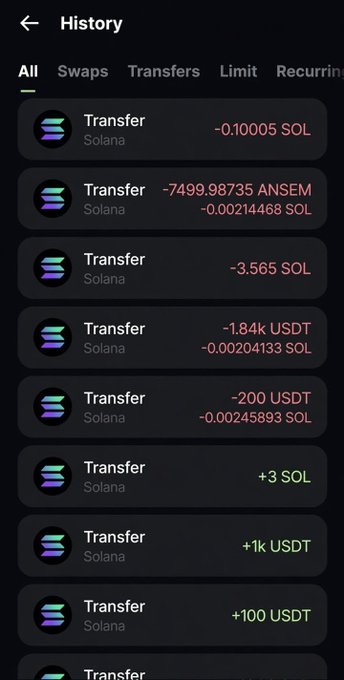 A mobile app shows a transaction history on the Solana network, listing various transfers including -0.10005 SOL, -7499.98735 ANSEM, and +3 SOL.