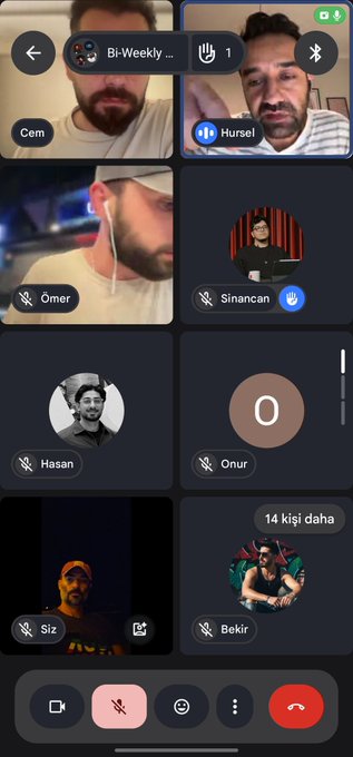 A group video call labeled "Bi-Weekly" with eight visible participants including Cem, Hursel, Ömer, Sinancan, Hasan, Onur, Siz, and Bekir, with a notification indicating 14 more participants.