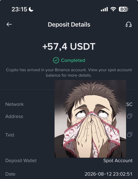 A Binance Deposit Details screen showing a completed transaction of +57.4 USDT to a Spot Account, timestamped 2026-08-12 23:02:51, partially obscured by an anime-style illustration of a crying man covering his face with a Hello Kitty handkerchief.