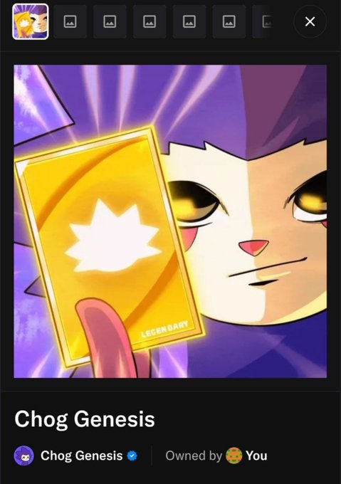 A purple cat-like anime character holding a glowing golden "Legendary" card, labeled "Chog Genesis" and owned by the user, represents the NFT the poster bragged about buying for ~$280.