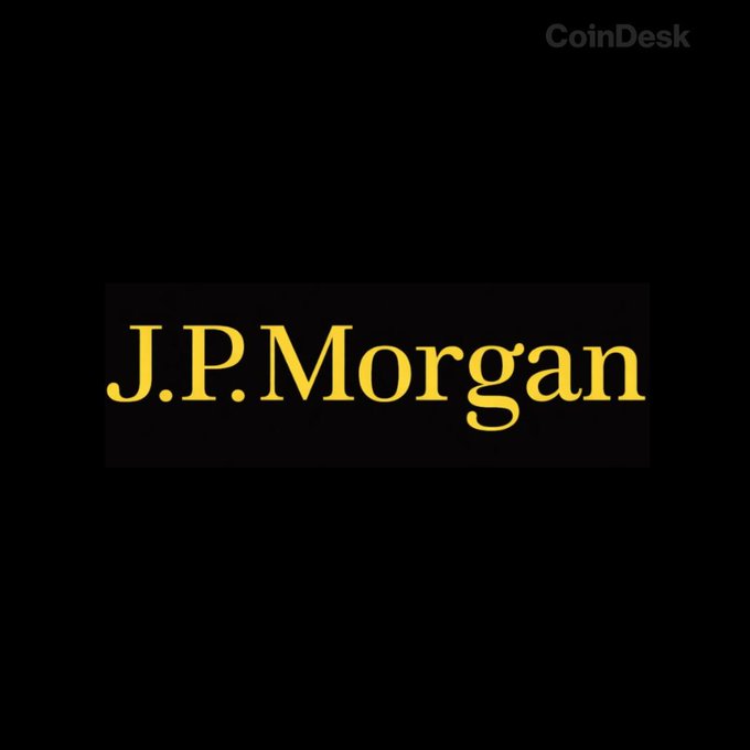 The image displays the J.P. Morgan logo in gold text on a dark background, with a "CoinDesk" watermark in the upper right corner, visually accompanying the announcement about J.P. Morgan expanding its JPM Coin deposit token to the Ethereum blockchain for institutional and crypto clients.