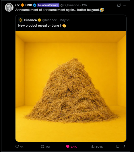 The image features a large pile of hay, which appears to be made from straw or dried grass. The hay is situated within an empty room with yellow walls, creating a striking contrast between the natural material and its surroundings. The photo has been posted on Twitter by a user named Binance, who has tagged it with the hashtag #binance.