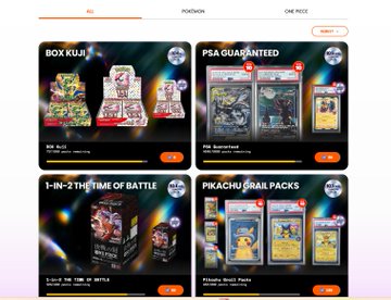 An online store page displays Pokemon-themed merchandise including 'BOX KUJI', 'PSA GUARANTEED', '1-IN-2 THE TIME OF BATTLE', and 'PIKACHU GRAIL PACKS'.