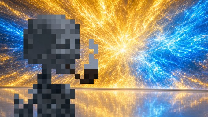 A pixelated silhouette of a dinosaur (resembling a Minecraft-style creature) standing before a vibrant cosmic background of swirling golden and blue nebula-like patterns reflecting on a glossy floor.