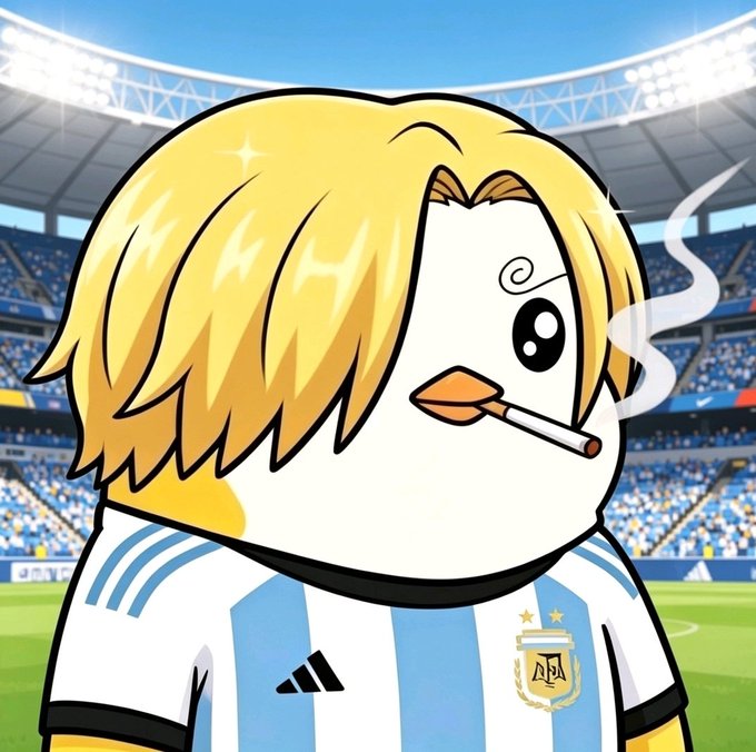 A cartoon penguin character with blonde hair, smoking a cigarette, wearing an Argentina national soccer team jersey (light blue and white stripes) with the AFA crest and Adidas logo, set against a stadium backdrop with fans.

**Connection to the post:** The image appears largely unrelated to the accompanying text about QuipNetwork, ARCTERMINAL, and NomismaNetwork infrastructure updates—it's a humorous, meme-style illustration of an anthropomorphic penguin in a soccer kit, which doesn't visually reinforce the crypto/blockchain project commentary in the post.