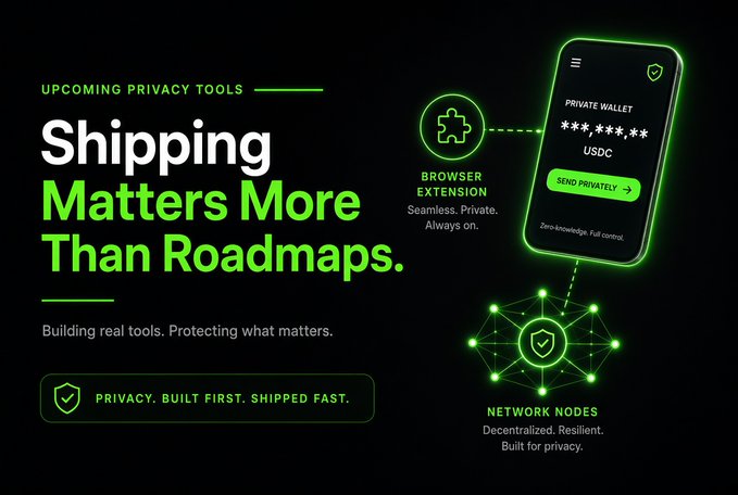 A promotional graphic for privacy tools featuring a smartphone displaying 'PRIVATE WALLET' with 'SEND PRIVATELY' option, alongside 'BROWSER EXTENSION' and 'NETWORK NODES' features, with the headline 'Shipping Matters More Than Roadmaps.'