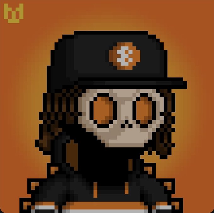 A pixel art portrait of a character wearing a black cap with an orange Bitcoin-style 'B' logo, sunglasses, and a black hoodie against an orange background, with a 'W' logo in the corner.