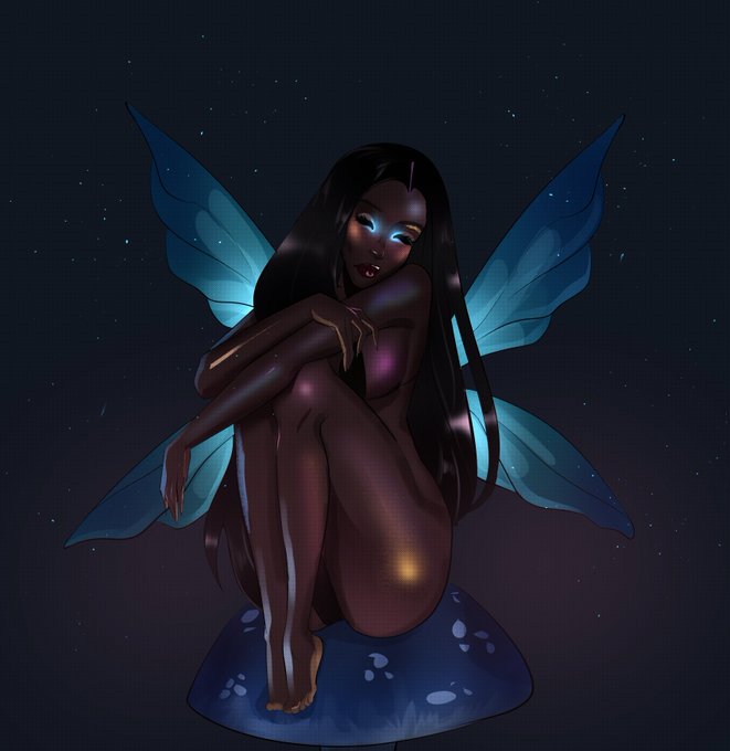 A fantasy illustration of a dark-skinned fairy with glowing blue eyes and large teal butterfly wings, sitting gracefully on a glowing blue mushroom against a starry night sky.