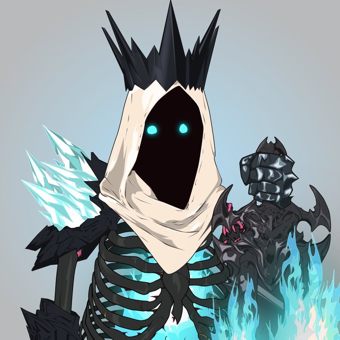Anime-style illustration of a hooded skeletal figure with glowing teal eyes, holding an ice crystal weapon, surrounded by blue flames and dark armor.