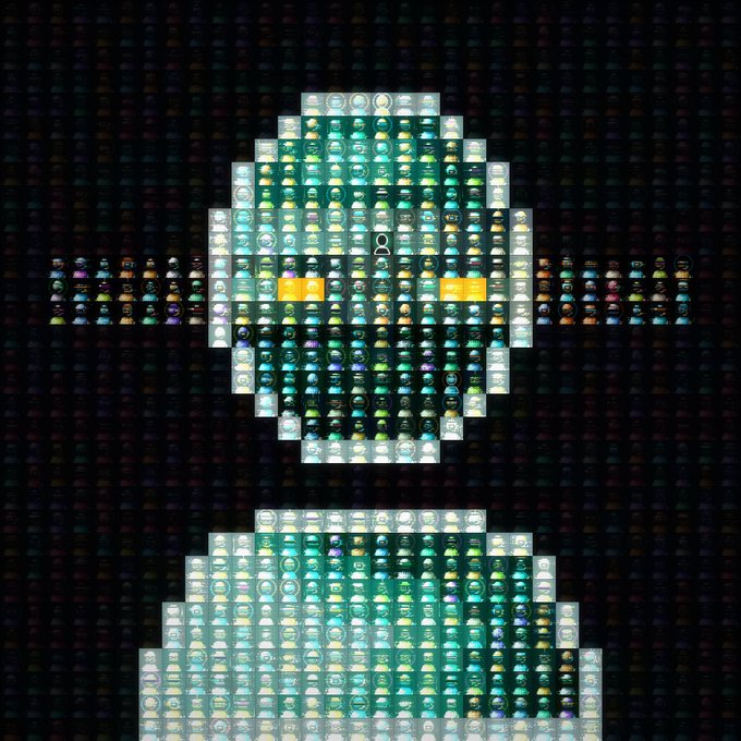 A large circular mosaic or pixel art creation made from numerous small character icons, forming a face or symbol on a dark background.