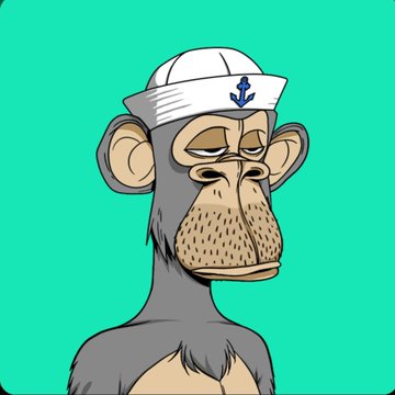 A cartoon-style monkey wearing a white sailor's hat featuring an anchor symbol is shown against a solid teal background, representing the iconic Bored Ape Yacht Club NFT collection referenced in the caption celebrating membership in this exclusive online community.