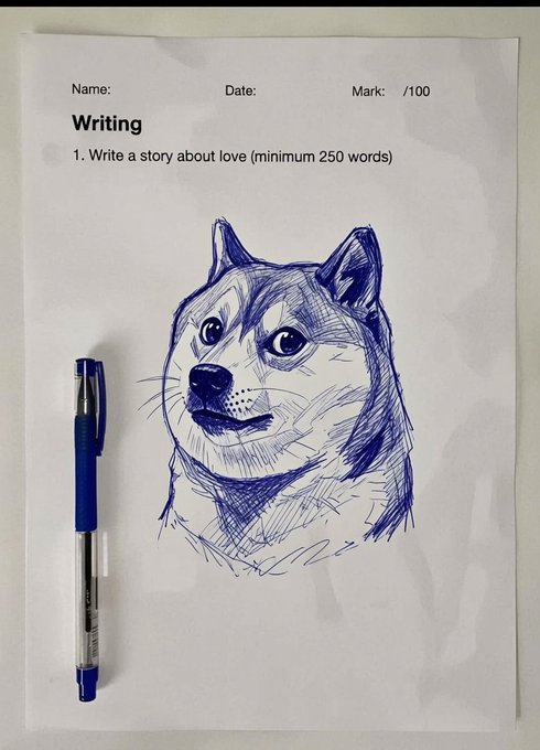 A humorous image showing a writing assignment sheet ('Write a story about love (minimum 250 words)') where a student has drawn a detailed blue ballpoint pen sketch of a husky dog's face covering the page, with the blue pen lying beside it.