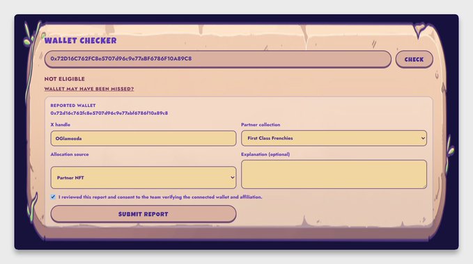 The image shows the unvault.com "Wallet Checker" tool displaying that a specific wallet address (0x72D16C762FC8e5707d96c9e77aBF678BF10A89C8) is not eligible for the airdrop, with a submission form below showing reported wallet details including the OGlamomods X handle, First Class Frenchies partner collection, and Partner NFT allocation source ready to be submitted. This corresponds to the post's instructions for users to report missed wallets through the bug bounty form when they're not eligible for the Unvault Phase 1 airdrop.