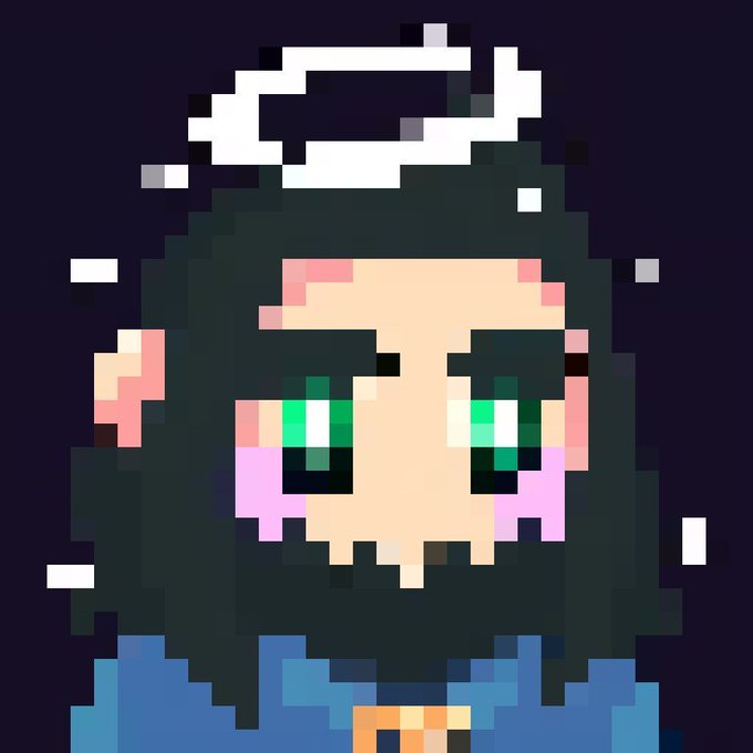Pixel art portrait of a girl with long dark hair, green eyes, pink blush, and a white halo against a dark background.