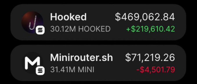 The image shows a trading portfolio screenshot displaying two positions: "Hooked" (30.12M HOOKED) valued at $469,062.84 with a gain of +$219,610.42, and "Minirouter.sh" (31.41M MINI) valued at $71,219.26 with a loss of -$4,501.79. This appears to be a visual reference to the poster's mention of $HOOKED, illustrating one of their profitable memecoin trades mentioned in the post.